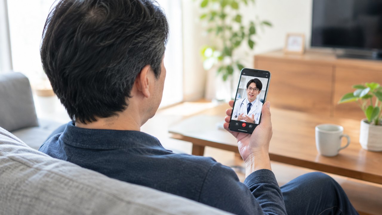 自宅のソファで、スマートフォンのビデオ通話で医師の診察を受ける男性