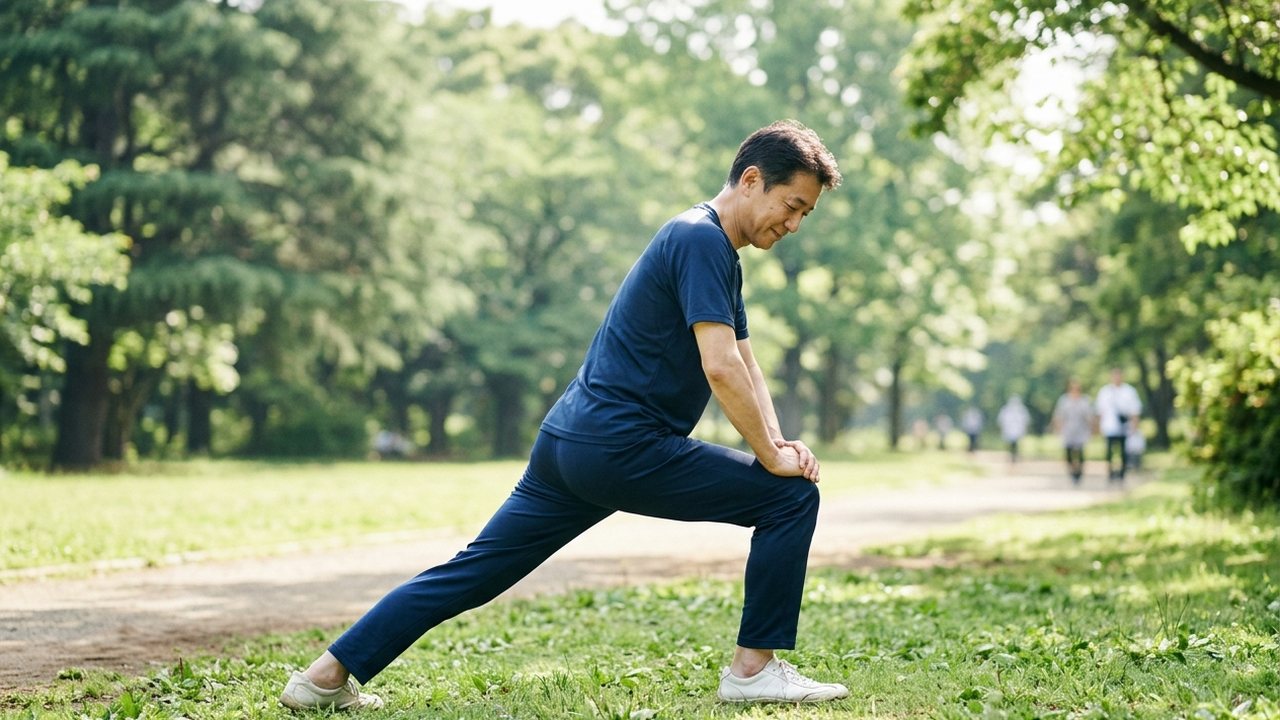 朝の公園でストレッチをする50代の男性