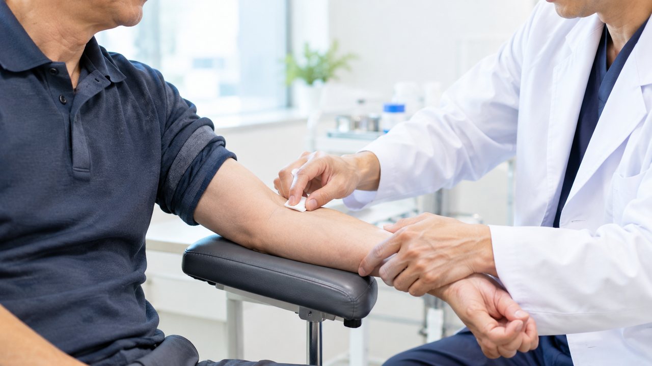 血液検査の前に、医師が男性の腕を消毒している様子