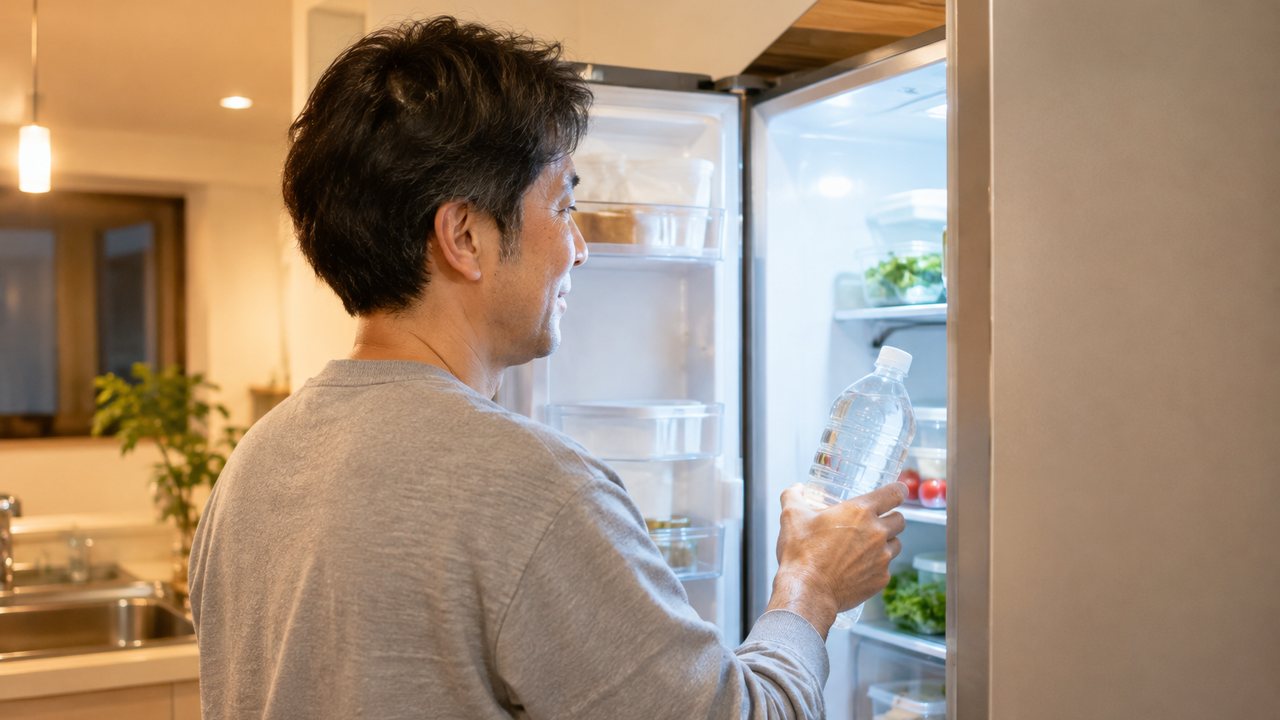 冷蔵庫から水のペットボトルを取り出す男性