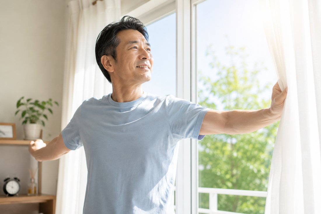 カーテンを開けて朝日を浴びる男性