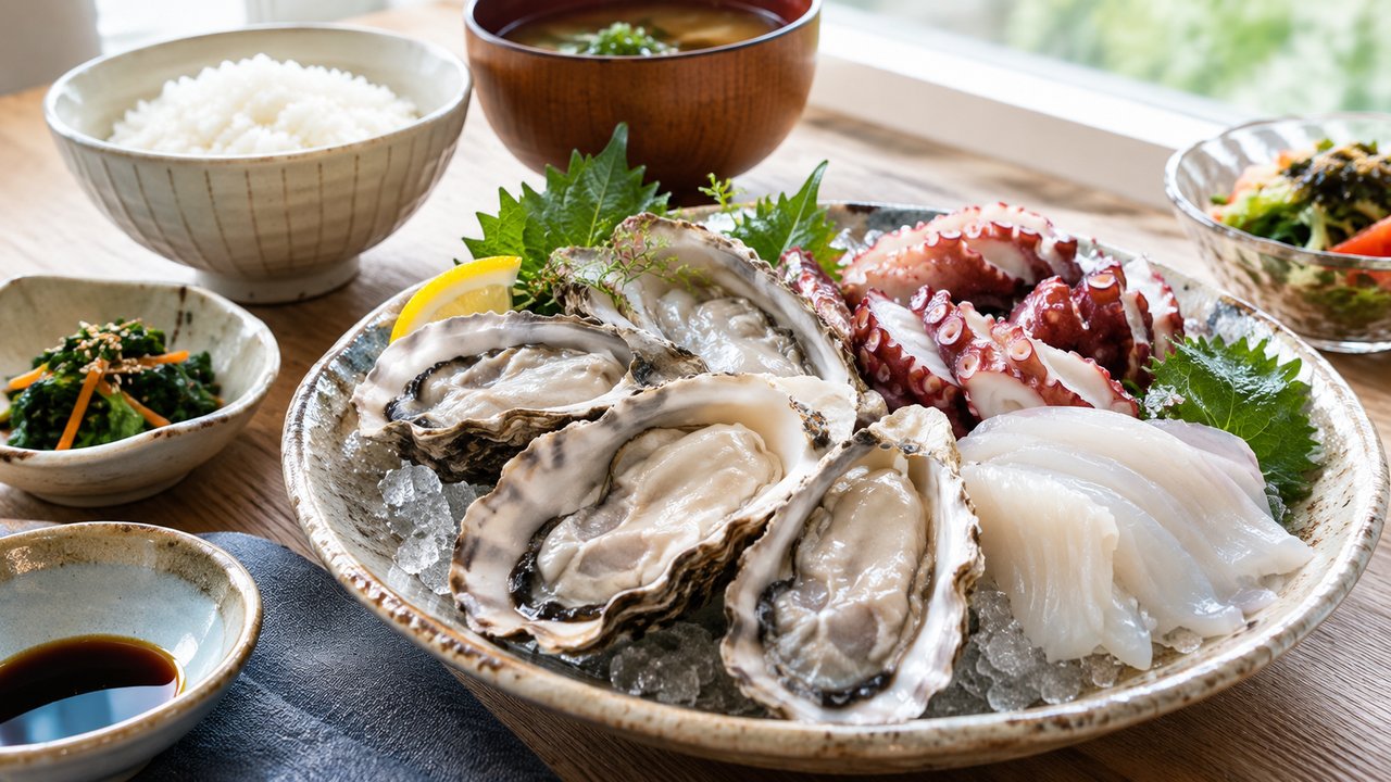 タウリンを多く含む牡蠣・タコ・イカなどの魚介料理