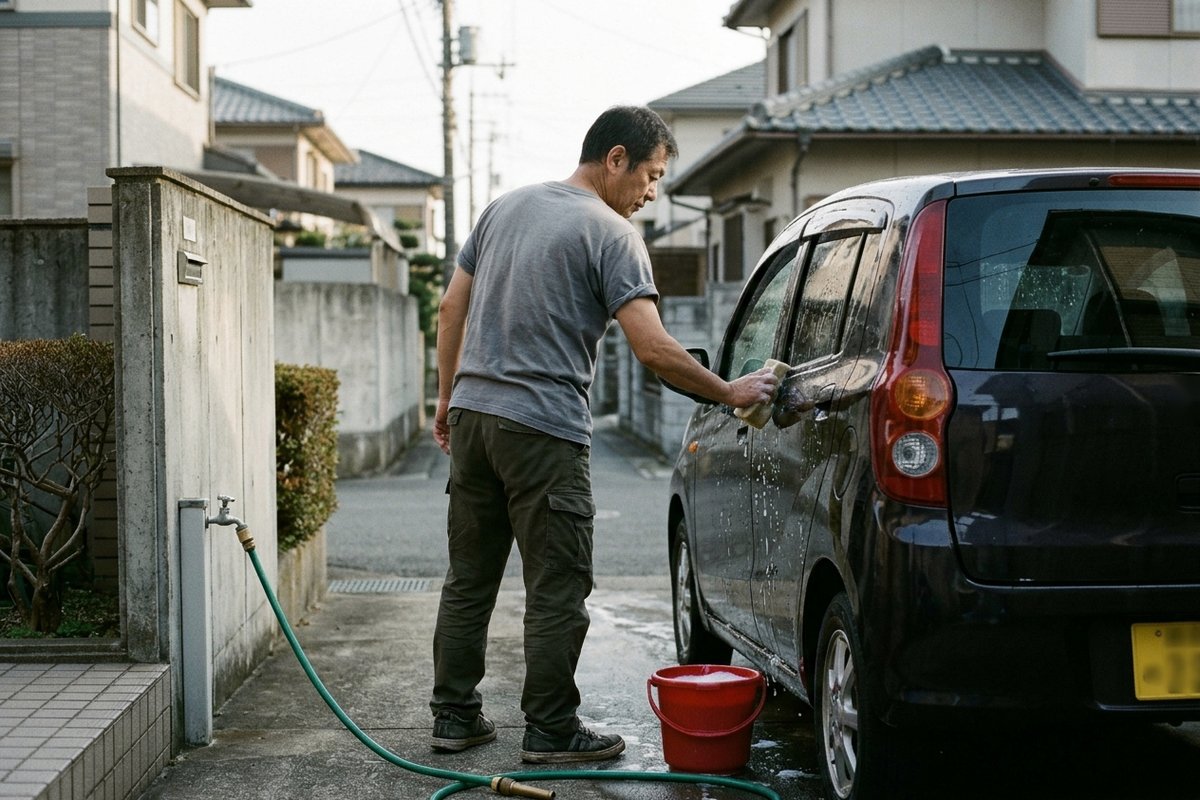 自宅の前で自分の車を洗う中高年の男性