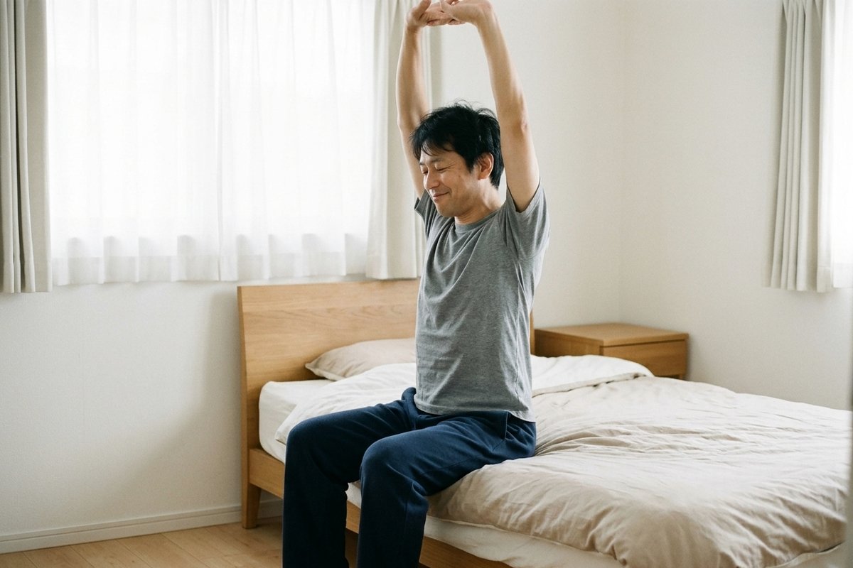 朝、寝室のベッドの縁で気持ちよさそうに伸びをする中高年の男性
